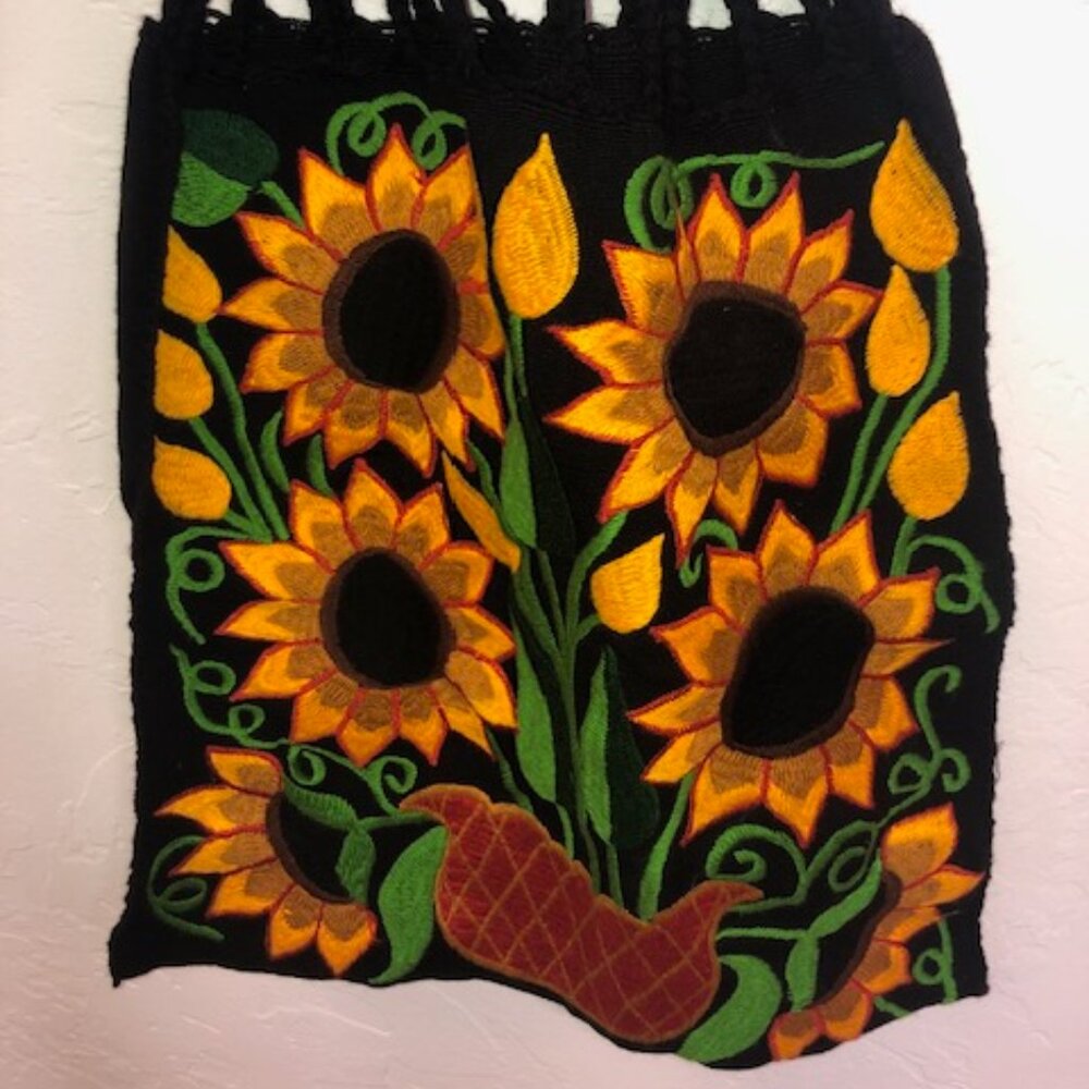 Mexican Market Bag with Sunflowers 15 x 15 1/2 with drawstring handles